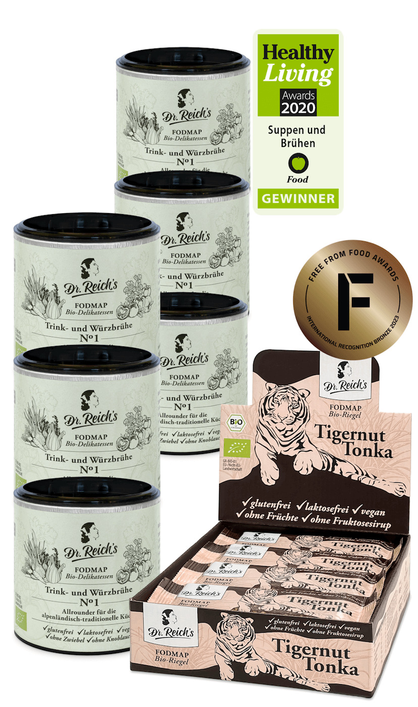 Dr. Reich's Fodmap Bio Box Happy Gourmet mit 6 Dosen des Healthy Living Award Gewinners Dr. Reich's Brühe No. 1 und 12 Tigernut Tonka Riegeln, ausgezeichnet mit dem Free From Award 2023