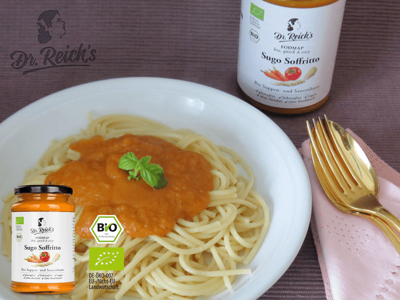 Low-FODMAP-kochen-mit-Dr-Reichs-Sugo Dr. Reich's Low FODMAP Sugo mit Spaghetti im Teller