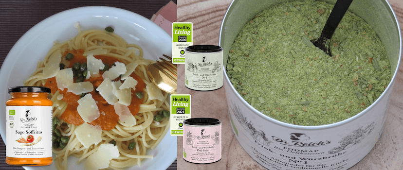 low-fodmap-im-urlaub-survival-kit Low FODMAP Spaghetti im Teller und geöffnete Low FODMAP Brühe, dazu die Abbildungen von Dr. Reich's Low FODMAP Brühen und Sugo