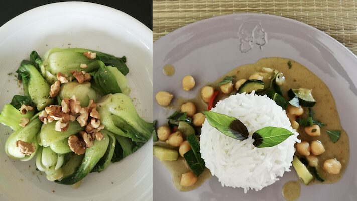 Pak Choi und Kichererbsen mit Reis - beide gekocht und gewürzt mit FODMAP vegane Brühe Thai Sabai